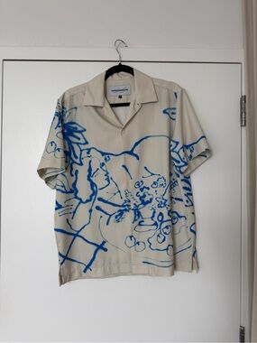 Cotton Citizen Beige Camp-Collar Shirt with Blue Sketch Print
